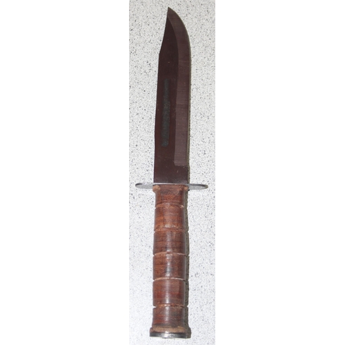 1415 - A Japanese made hunting knife with stacked leather handle, leather scabbard and sharpening stone, ap... 