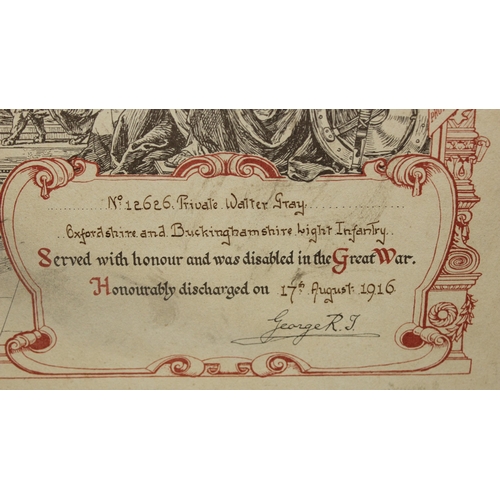 1418 - 2 x WWI Honourable Discharge Certificates, the first from 1916 to Private Walter Grey of the Oxfords... 