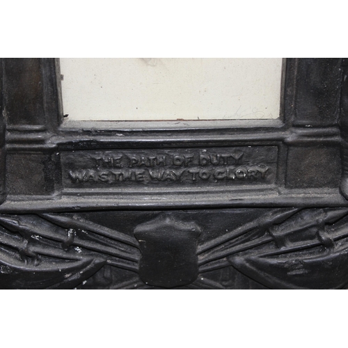 1419 - WWI period oak and bronzed plaster memorial frame with period photo of a young solider, approx 56cm ... 