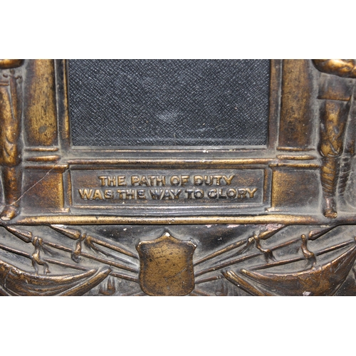 1420 - WWI period oak and bronzed plaster memorial frame with recess for death plaque, approx 73cm x 45cm