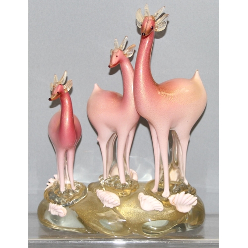 1618 - Murano/ Italian Glass, a large glass sculpture of a trio of pink deer on glass base, with gold leaf ... 