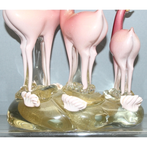 1618 - Murano/ Italian Glass, a large glass sculpture of a trio of pink deer on glass base, with gold leaf ... 