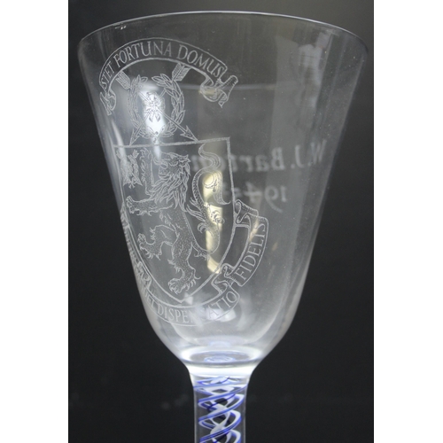 1628 - William J Wilson for Whitefrairs Glass, a large wine glass with engraved with Harrow School crest an... 