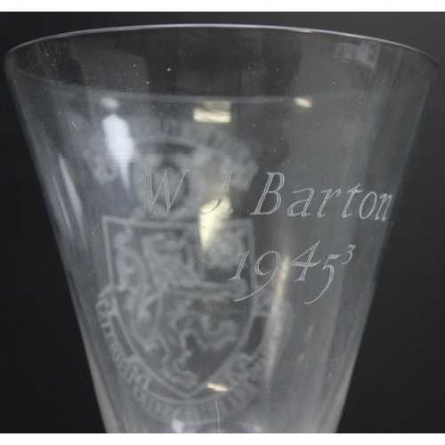 1628 - William J Wilson for Whitefrairs Glass, a large wine glass with engraved with Harrow School crest an... 