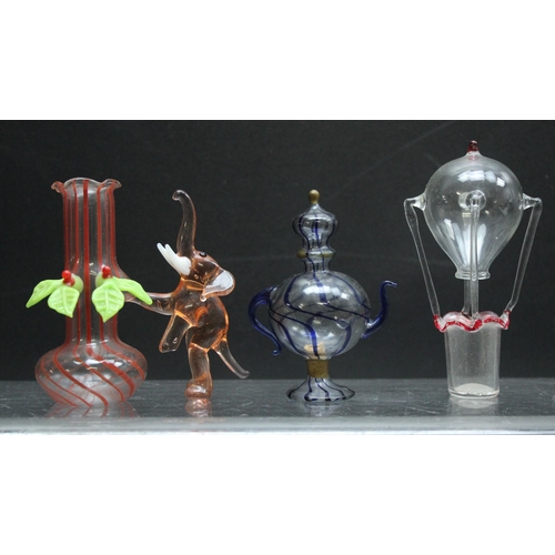 1644 - Murano/ Italian Glass, 6 small glass sculptures, 2 cranes, a nude female, elephant with flask, hot a... 