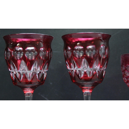 1646 - 2 pair of 19th century cranberry or ruby flashed wine glasses with facet cut decoration, the largest... 