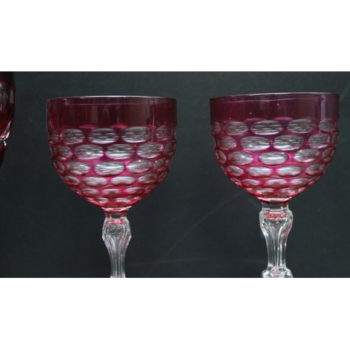 1646 - 2 pair of 19th century cranberry or ruby flashed wine glasses with facet cut decoration, the largest... 