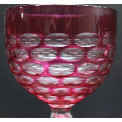 1646 - 2 pair of 19th century cranberry or ruby flashed wine glasses with facet cut decoration, the largest... 