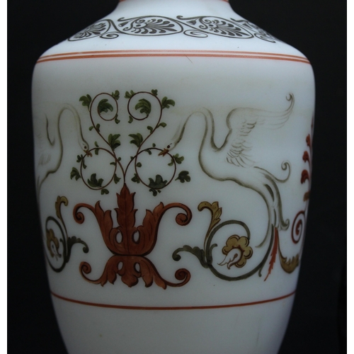 1647 - A 19th century opaline glass vase of classical form with hand painted decoration, approx 25cm tall, ... 