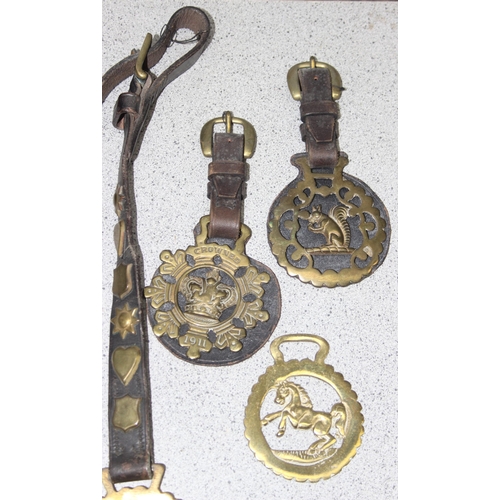 1702 - Qty of assorted antique and later horse brasses, some likely 19th century and with some leather stra... 