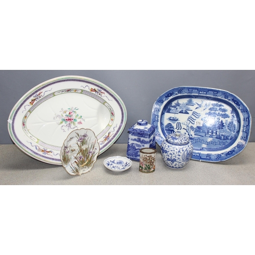 1705 - Mixed lot of antique and later china to include meat platters and Ringtons blue and white tea caddy,... 