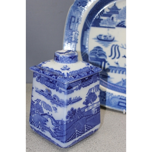 1705 - Mixed lot of antique and later china to include meat platters and Ringtons blue and white tea caddy,... 