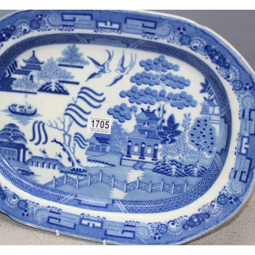 1705 - Mixed lot of antique and later china to include meat platters and Ringtons blue and white tea caddy,... 