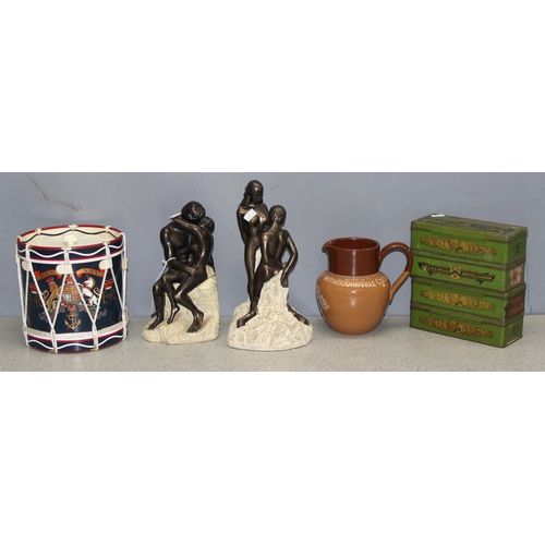 1706 - Mixed lot to include 2 composite statues of lovers, vintage tins and a drum ice bucket