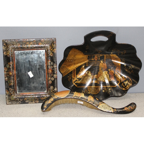 1708 - Lacquered oriental crumb tray and brush and a Kashmiri style picture frame