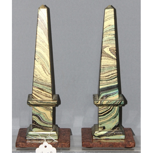 1709 - Pair of obelisk shaped mantle ornaments, approx 26cm tall