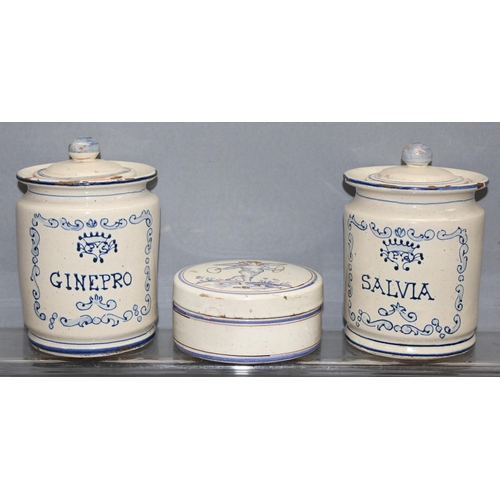 1710 - 3 antique style Faience ceramic blue and white apothecary jars