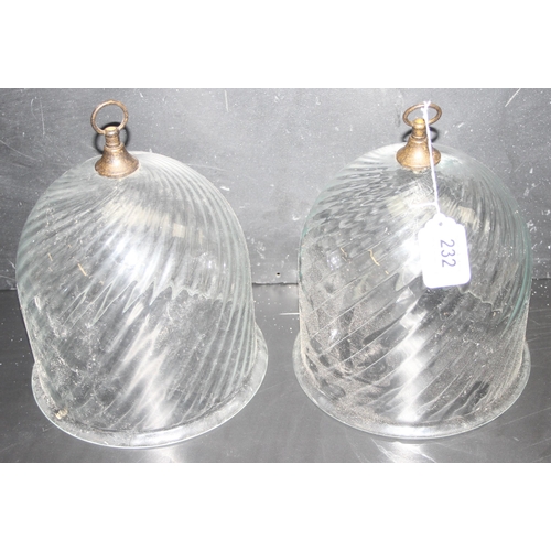 232 - Pair of ribbed glass hanging lampshades