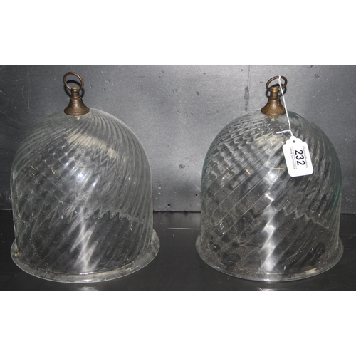 232 - Pair of ribbed glass hanging lampshades