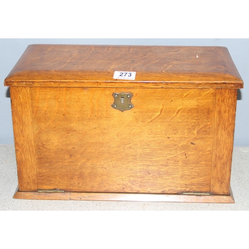 273 - A superb quality antique oak desktop stationary box, with various compartments and leather slope, ap... 