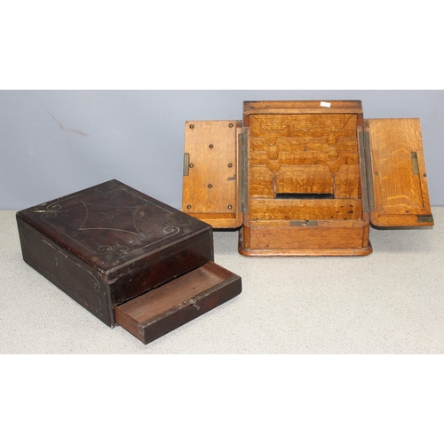 276 - An early 20th century oak desktop correspondence box and a further antique wooden box (2)