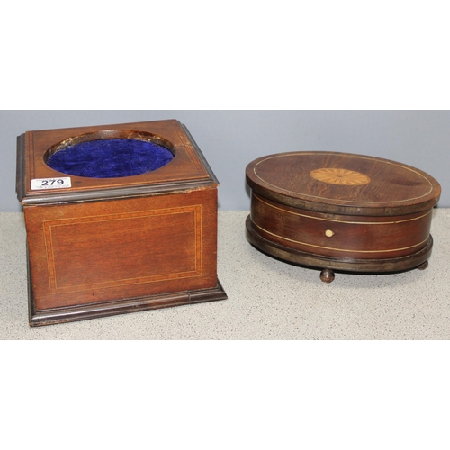 279 - Mahogany Edwardian Sheraton inlaid trinket box and a mahogany inlaid trophy stand (2)