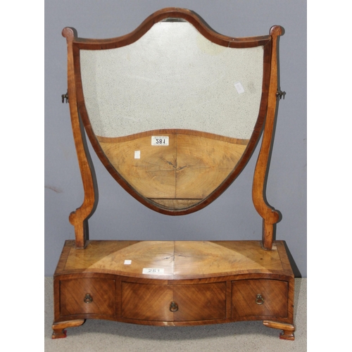 281 - A 19th century mahogany shield shaped table top dressing mirror of shield shape, 2 drawers to base, ... 