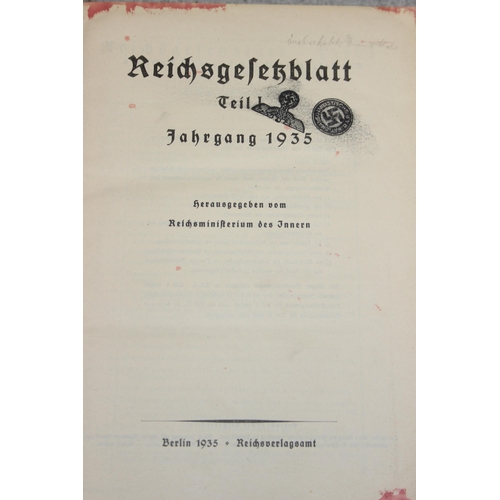 508 - Of WW2 period German Nazi interest, 'Reidhsgeletzblatt' published by the Reich ministry of the inter... 