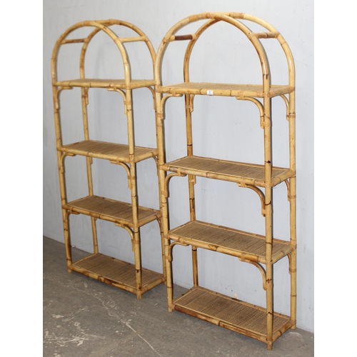 57 - A pair of retro mid-century bamboo display shelves, each approx 76cm wide x 31cm deep x 187cm tall