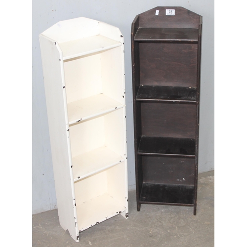 78 - 2 slim painted Art Deco period bookcases, white and black, each approx 30cm wide x 17cm deep x 100cm... 