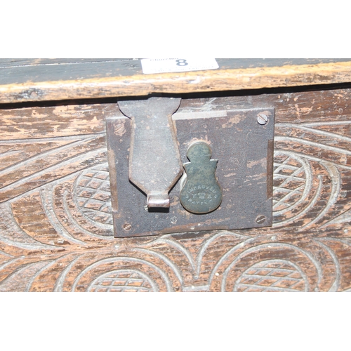 8 - An antique carved oak bible box, likely 18th century or earlier, with ironwork fittings, approx 59cm... 