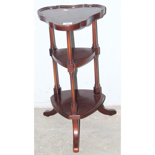 91 - Unusual shaped 3 tier clover shaped mahogany side table with spayed feet, approx 29cm W x 29cm D x 6... 