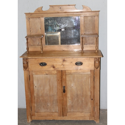 125 - An antique pine dresser or chiffonier, single frieze drawer over cupboard with mirror backed display... 