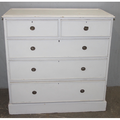 126 - An antique white painted pine 2 over 3 chest of drawers with brass handles, approx 107cm wide x 54cm... 