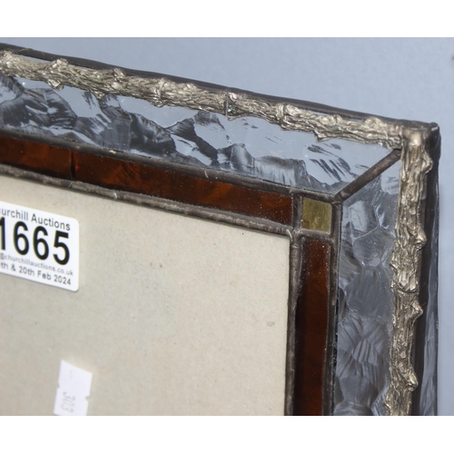 1665 - Vintage freestanding glass picture frame with coloured glass and leadwork decoration approx. 29cm x ... 