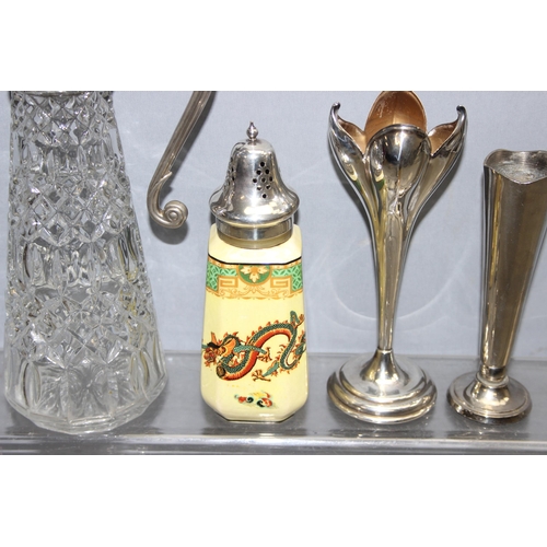 1020 - Vintage glass and silver plated claret jug with hinged lid, a three piece cut glass silver topped cr... 