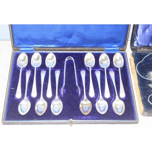 1024 - George Wilson carving set with antler and silver-plated handles, and boxed set of silver-plated teas... 