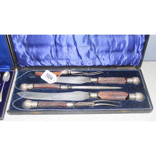 1024 - George Wilson carving set with antler and silver-plated handles, and boxed set of silver-plated teas... 