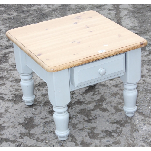 137 - A small pine coffee table with painted base and drawer, approx 60cm wide x 60cm deep x 48cm tall