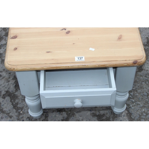 137 - A small pine coffee table with painted base and drawer, approx 60cm wide x 60cm deep x 48cm tall