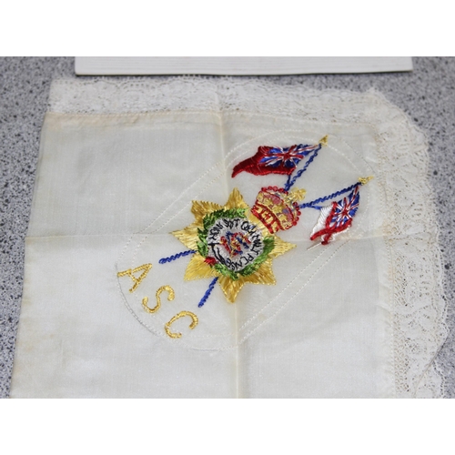 1429 - A WWI period silk postcard and 3 embroidered silk handkerchiefs, 2 with ASC embroidery