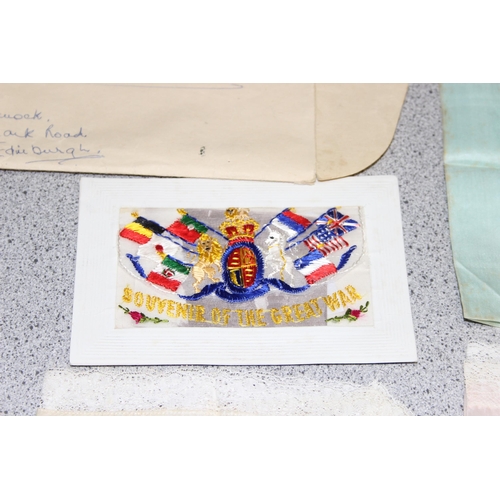 1429 - A WWI period silk postcard and 3 embroidered silk handkerchiefs, 2 with ASC embroidery