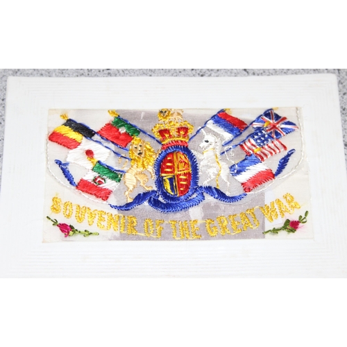 1429 - A WWI period silk postcard and 3 embroidered silk handkerchiefs, 2 with ASC embroidery