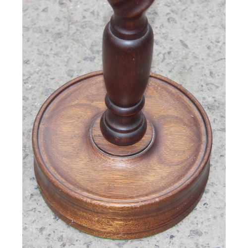 144 - Antique mahogany wine table or plant stand with barley twist support, approx 24cm W x 24cm D x 75cm ... 