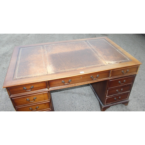 149 - Antique style pedestal desk with gilt leather insert top, approx. 153cm W x 92cm D x 75cm H