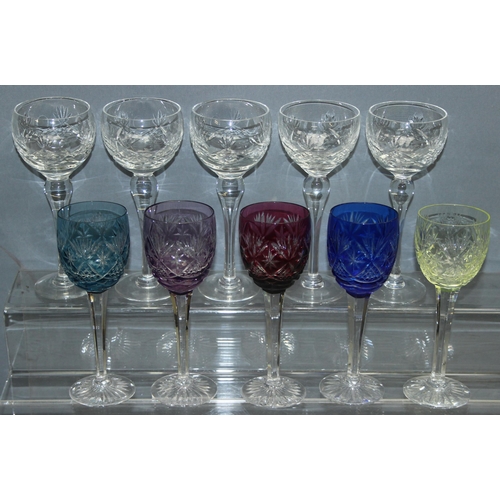 1672 - 5 Royal Brierly crystal hock wine glasses and 5 harlequin coloured wine glasses with Crown mark stam... 