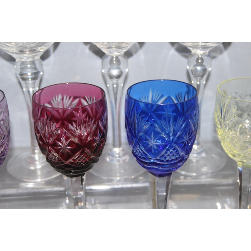 1672 - 5 Royal Brierly crystal hock wine glasses and 5 harlequin coloured wine glasses with Crown mark stam... 