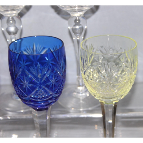 1672 - 5 Royal Brierly crystal hock wine glasses and 5 harlequin coloured wine glasses with Crown mark stam... 