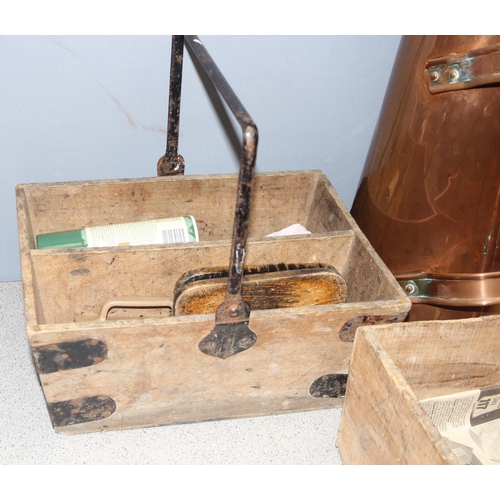 1740 - Vintage shoe shine brushes, 2 vintage trugs, a wooden magazine rack and a copper coal scuttle and so... 