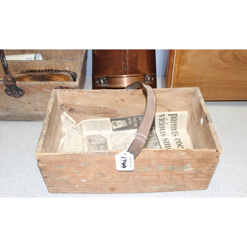 1740 - Vintage shoe shine brushes, 2 vintage trugs, a wooden magazine rack and a copper coal scuttle and so... 